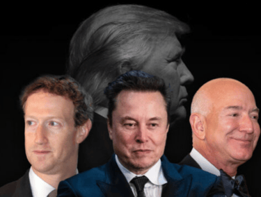 Mark Zuckerberg, Elon Musk, and Jeff Bezos in front of a profile of Donald Trump.