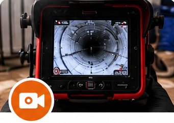A plumber uses a sewer camera inspection monitor to view inside a residential pipe for blockages.