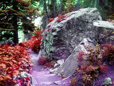 Boulders with hiking trail and inverted colors