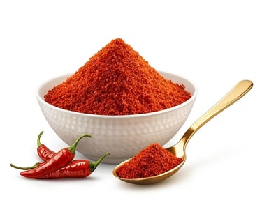 Red chili powder in a white bowl with fresh peppers and a golden spoon on a white background.