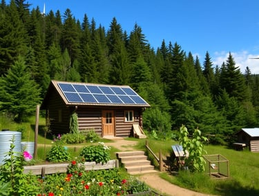 an off-grid homestead with a rustic cabin with solar panels on roof