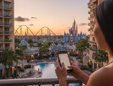 View from an beautiful woman Orlando hotel balcony during a theme park stay while holding a phone
