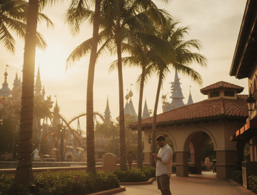 Visitor checking phone near Orlando theme park resort while searching for a dispensary near me