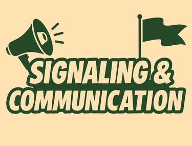 Signaling and Communication header with megaphone and flag icons, about emergency alerts, wilderness rescue, survival signali