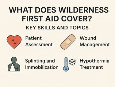 Wilderness first aid training overview graphic, covering wound care, splinting, hypothermia, and emergency skills
