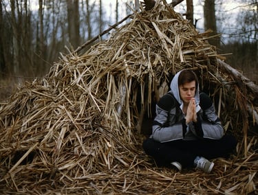 Man sitting outside grass hut shelter, showing bushcraft, cold weather prep, and survival