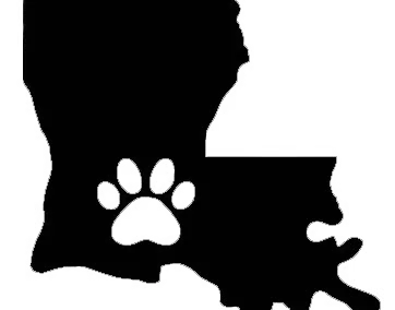Louisiana state silhouette in black with white paw print—symbol of Guys Cajun Paws location