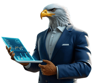 a humanoid bald eagle digital marketing specialist for local businesses in a suit and a laptop