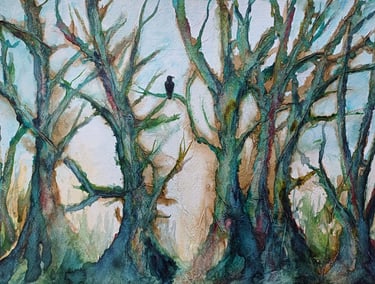 a mixed media painting of a bird sitting on a tree in a woodland