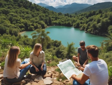 Cyclists riding through scenic countryside trails surrounded by green fields and hills.