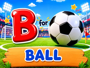 Educational flashcard for kids showing the letter B for Ball with a soccer ball in a stadium.