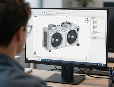 A professional reviewing detailed MEP drawings on a computer screen in a bright office.