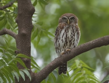 A small jungle owlet perched on a tree branch surrounded by green leaves in a forest.