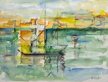 Barca y casas, acuarela del artista pintor Argi Girón. Watercolor boat sea artist painter