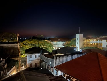 Night rooftop view of Stone Town Zanzibar with historic buildings and lights, 2025 travel guide