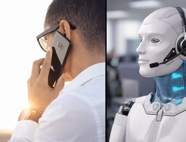 support agent on a phone call and an AI voice agent using a headset,