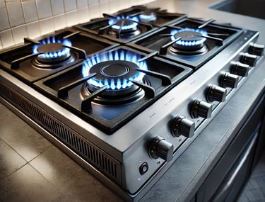 a gas stove top with a blue flames on it