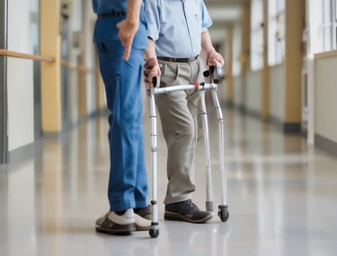 an elderly man with a walking aid and a nurse in scrubs