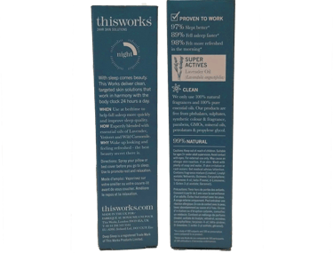 This Works Deep Sleep box back label with usage directions, lavender oil, 99% natural formula