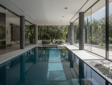 Photograph of a luxurious indoor pool area with large floor-to-ceiling windows and marble finishes.