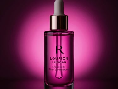 Close-up of a premium glass skincare bottle with glowing neon magenta backlighting in a dark, luxury North American minimalist setting.