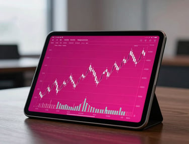 Minimalist composition of a sleek tablet displaying a vibrant, magenta-toned financial chart in a high-end North American office setting.