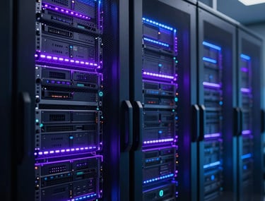 Cinematic shot of a high-speed data server room with purple and blue LED lighting, representing the computational power of AI marketing.