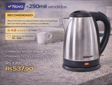Unitermi Atacama 1.8L silver electric kettle on a granite countertop with pricing and ratings.