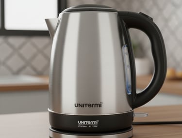 Unitermi Atacama stainless steel electric kettle with 1.8L capacity on a kitchen countertop.