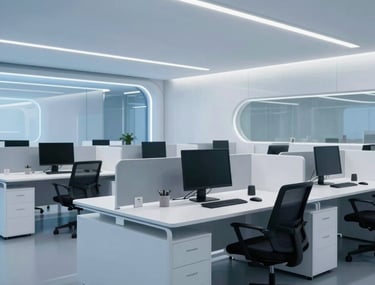 A sleek, professional photograph of a futuristic office with clean white desks and sky blue lighting, showing a workspace designed for innovation.