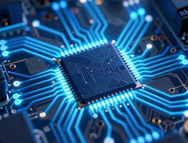 A detailed close-up of a futuristic glowing circuit board with sky blue and deep navy light accents. High-tech, innovative style.