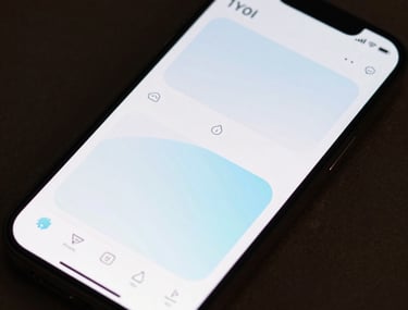 A close-up of a high-resolution smartphone display showing a sleek, modern user interface for a fitness application with smooth curves and soft white and pale blue accents. Professional photography, sharp focus, international tech-focused style.