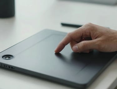 A close-up photograph of a professional's hand using a trackpad in a bright, modern San Francisco studio. The lighting is soft and neutral, with shades of light gray blue and white dominating the scene. The composition is focused on precise interaction and high-quality equipment.