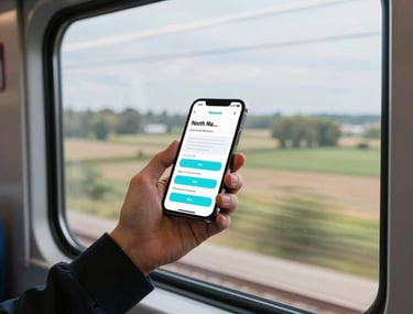A photograph of someone using a smartphone while standing on a high-speed train. Outside the window, the North American countryside flashes by. The phone screen is bright, showing a modern app interface with cyan blue buttons. Professional lighting and dynamic composition.