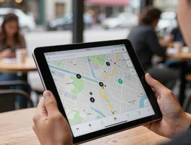 A close-up shot of hands holding a digital tablet in a light-filled outdoor cafe. The tablet displays a map interface with clean, modern markers. The setting is a bustling North American city center, conveying a digital presence that works anywhere, anytime.