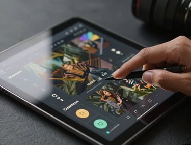 A detailed close-up of a tablet screen being used by a creative professional. The lighting is focused and warm against a dark slate background. The image captures the clarity and aesthetic excellence of a high-end digital interface designed for professional use.