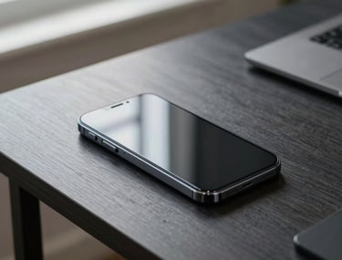 A top-down photography shot of a sleek smartphone resting on a minimalist desk in a North American home office. The desk is a dark slate wood, and soft morning light from a window highlights the smooth glass surface of the device. Professional and meticulously clean aesthetic.
