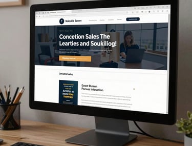 A sleek computer monitor in a North American home office displaying a high-converting sales funnel landing page for a book launch.