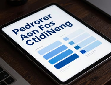 An iPad Pro on a desk showing an author's branding guide with typography and color swatches in professional blue tones.