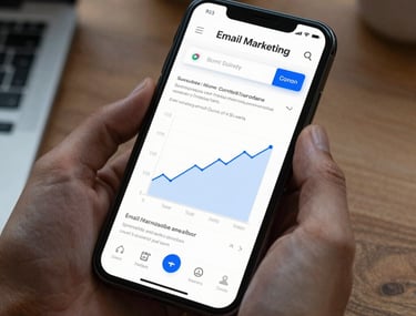 A professional workspace photo of a smartphone displaying an email marketing dashboard with subscriber growth charts.