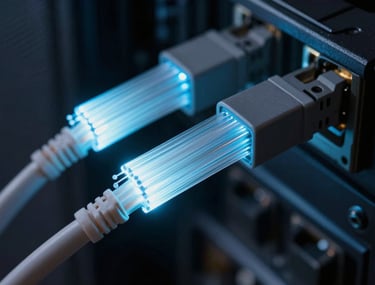 A macro shot of fiber optic cables glowing with soft blue light in a dark server environment. High-speed data concept.