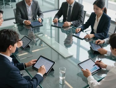 An overhead shot of a team meeting in a high-tech glass conference room, focusing on digital tablet screens. Professional business attire, minimal North American / International decor.