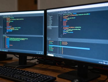 A close-up photograph of a professional workstation in a dark room, featuring high-end monitors displaying complex lines of code and server logs in Accent Blue. North American / International style.