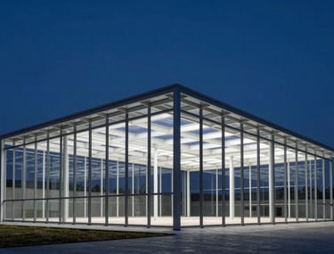 A minimalist architectural structure of glass and steel under a clear night sky. Modern, clean, and premium feel.