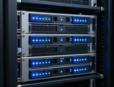 Modern server hardware with glowing Accent Blue LED indicators in a climate-controlled data center. Professional photography, sharp focus, futuristic lighting.