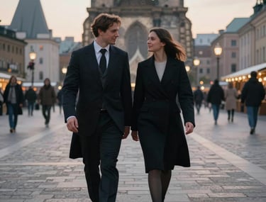 A candid and cinematic moment of a couple in formal attire walking through a historic European city at dawn. Soft, ethereal lighting, Global / International setting, timeless aesthetic.