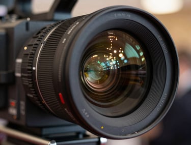 Close-up of a professional cinema camera lens reflecting bright lights from an elegant event. Global / International context, shallow depth of field, sophisticated atmosphere, cinematic lighting.