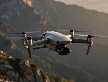 A sleek, professional drone hovering above a rugged mountain range during the golden hour. The image is crisp and cinematic, showing the intersection of technology and nature. Global / International.