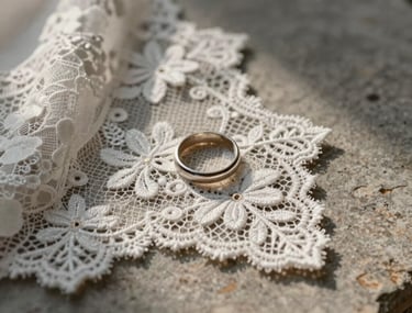 Detail shot of delicate wedding lace and a ring placed on a textured stone surface. Soft morning light, sophisticated composition, premium photography.