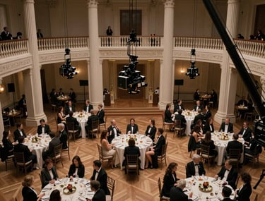 A high-angle shot of a grand ballroom filled with guests in formal attire. The lighting is moody and premium, highlighting the architecture and professional filming cranes. Cinematic elegance.
